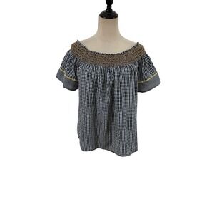 Hem &‎ Thread Blue Gingham Top Sz L Off Shoulder Present Boho Cowgirl Western